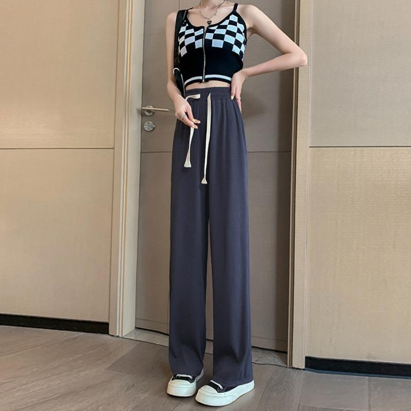 

Женские спортивные брюки палаццо из черного ледяного шелка с высокой посадкой, драпирующиеся, новые дышащие свободные прямые повседневные брюки на весну и лето XXL