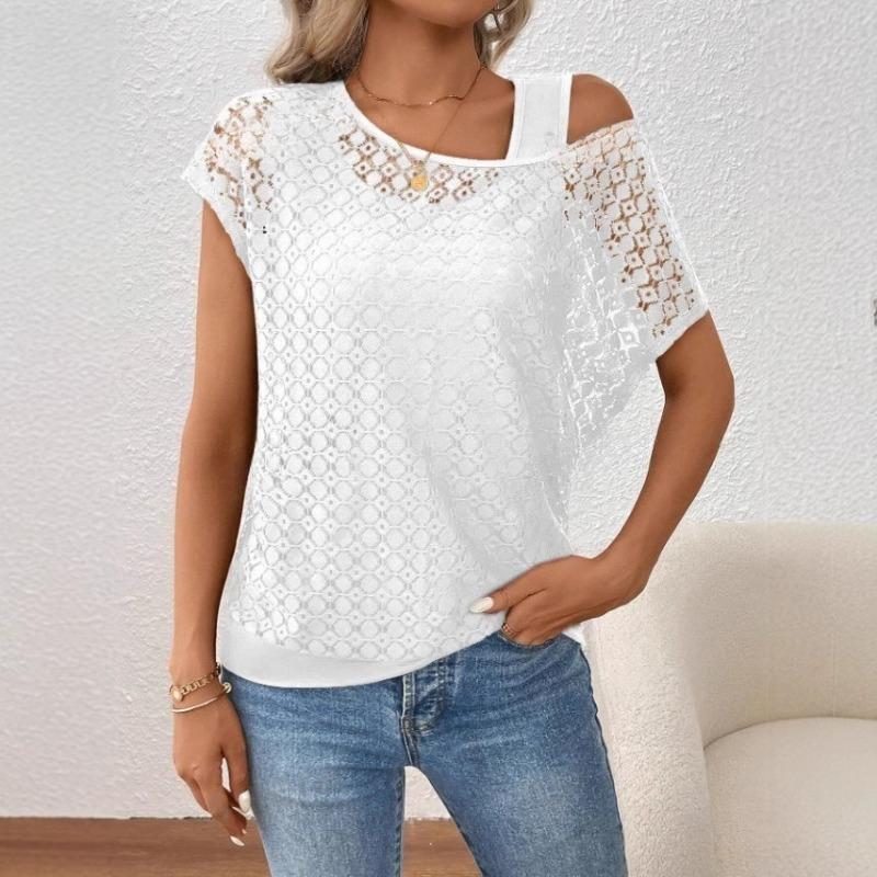 Summer Casual Lace Round Neck Short Sleeved Fake Two Piece Knitted Sweater T-Shirts Women’s
