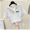 Women's Summer Solid Color Spliced Hooded Drawstring T-Shirts Loose Casual Short Sleeve Tops