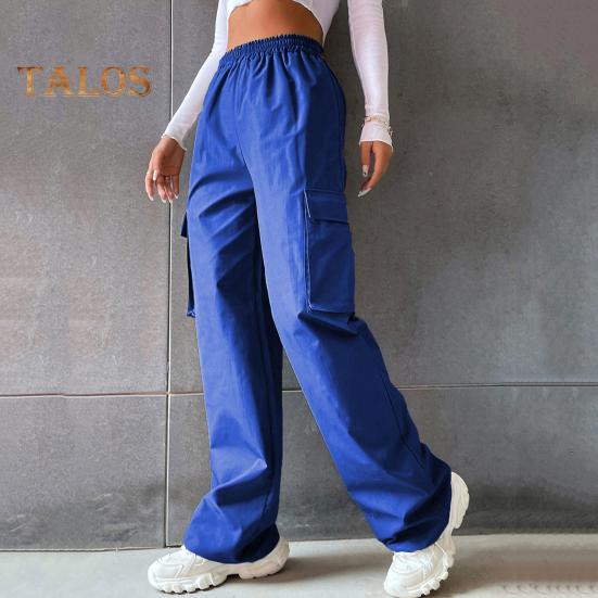 Pantaloni cargo pentru femei, cu talie elastică, cu picior lat, de culoare uni, pantaloni de sport casual, cu buzunar lateral cu clapă