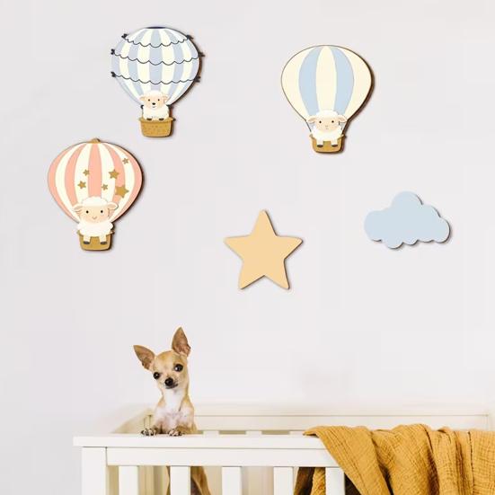 5 Pcs Hot Air Balloon Wall Decor with Star And Cloud Boho Wooden Wall Art Sign Cartoon Sheep Hot Air Balloon Nursery Wall Sculpture for Bedroom