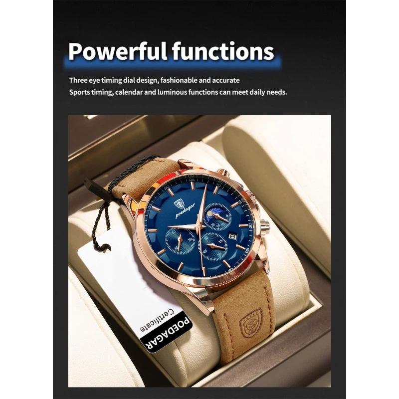 POEDAGAR Luxury Man Wristwatch Sports Leather Quartz Watch Waterproof Luminous Calendar Chronograph Watches Male Clock