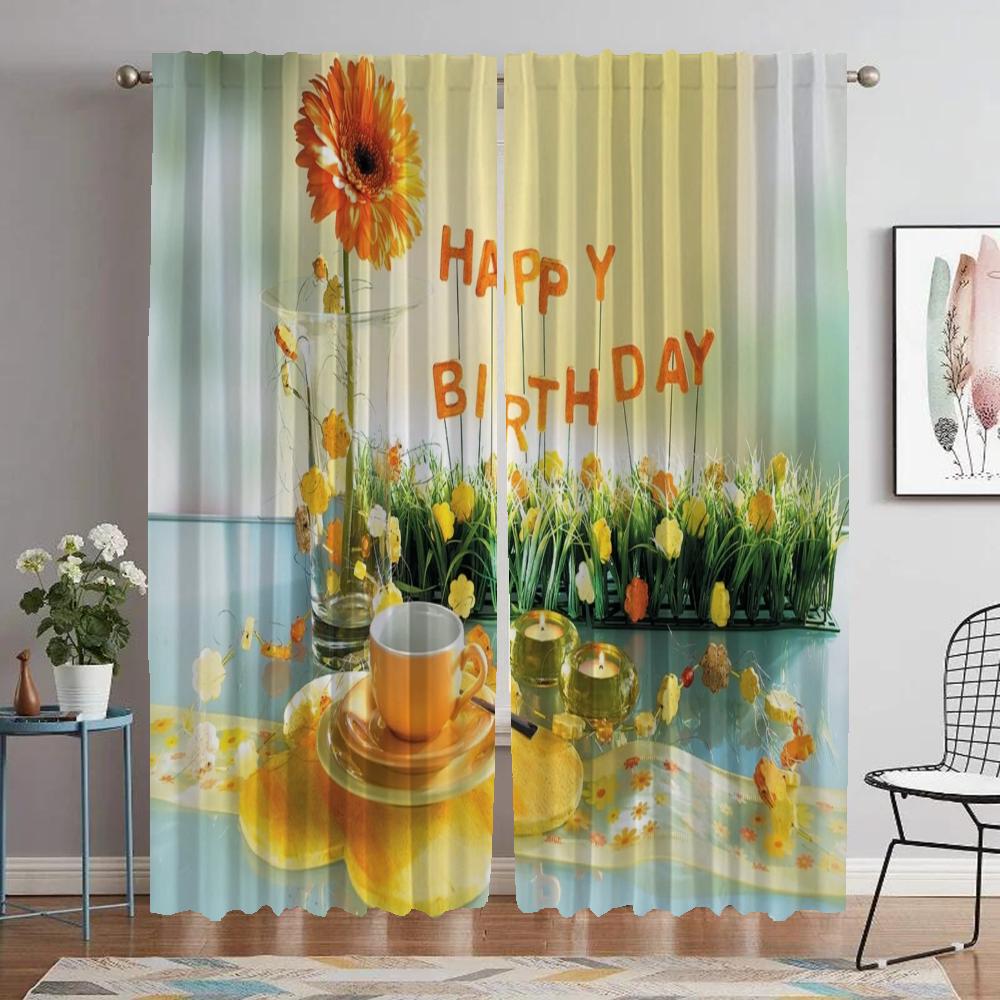 Happy Birthday Partition Home Interior Curtains for Living Room Blackout Curtain Tulle for Bedroom Halloween Decoration Shades