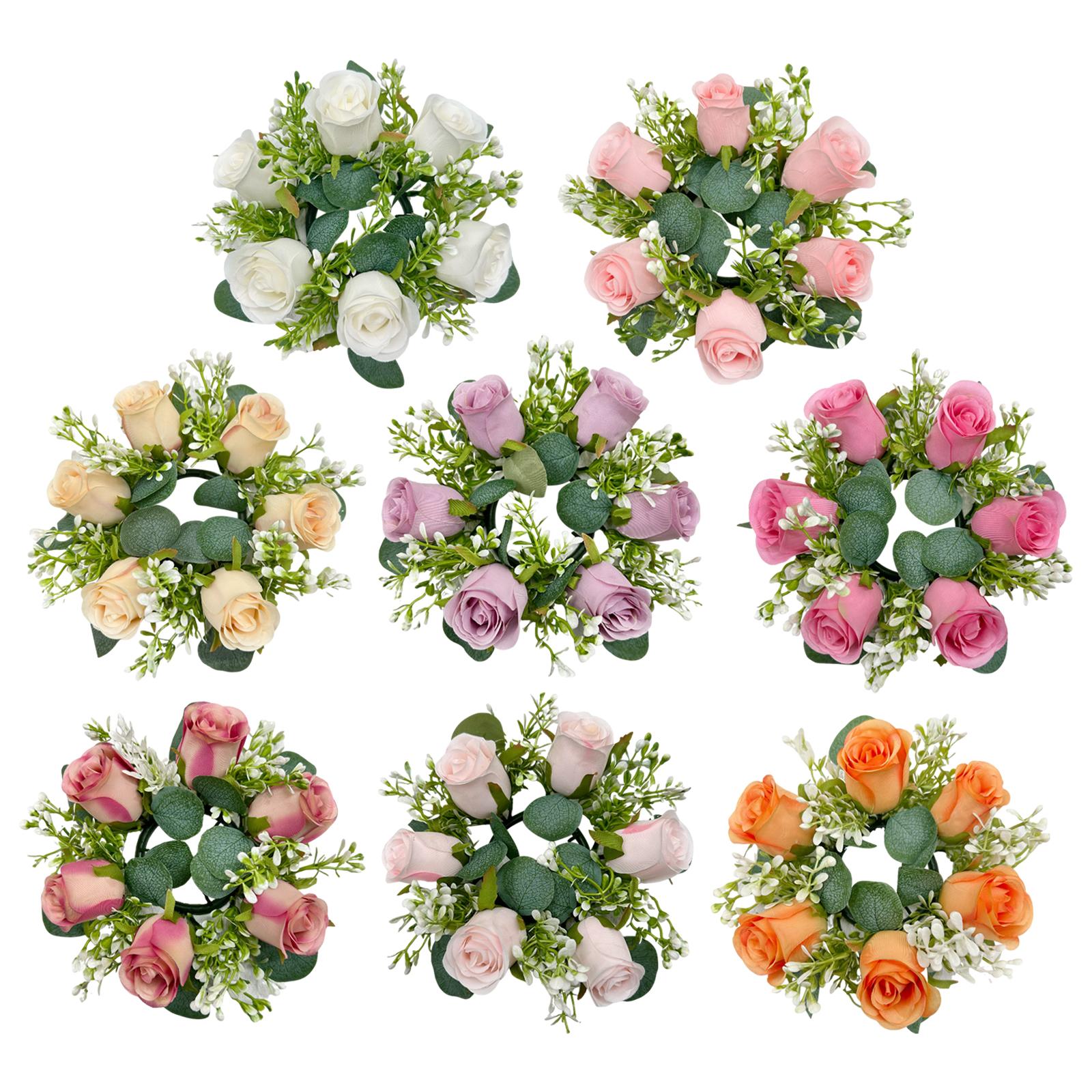 Candle Ring Artificial Wreath Artificial Flower Pillar Candle Holder for Home Party Centerpieces Thanksgiving Living Room rosa