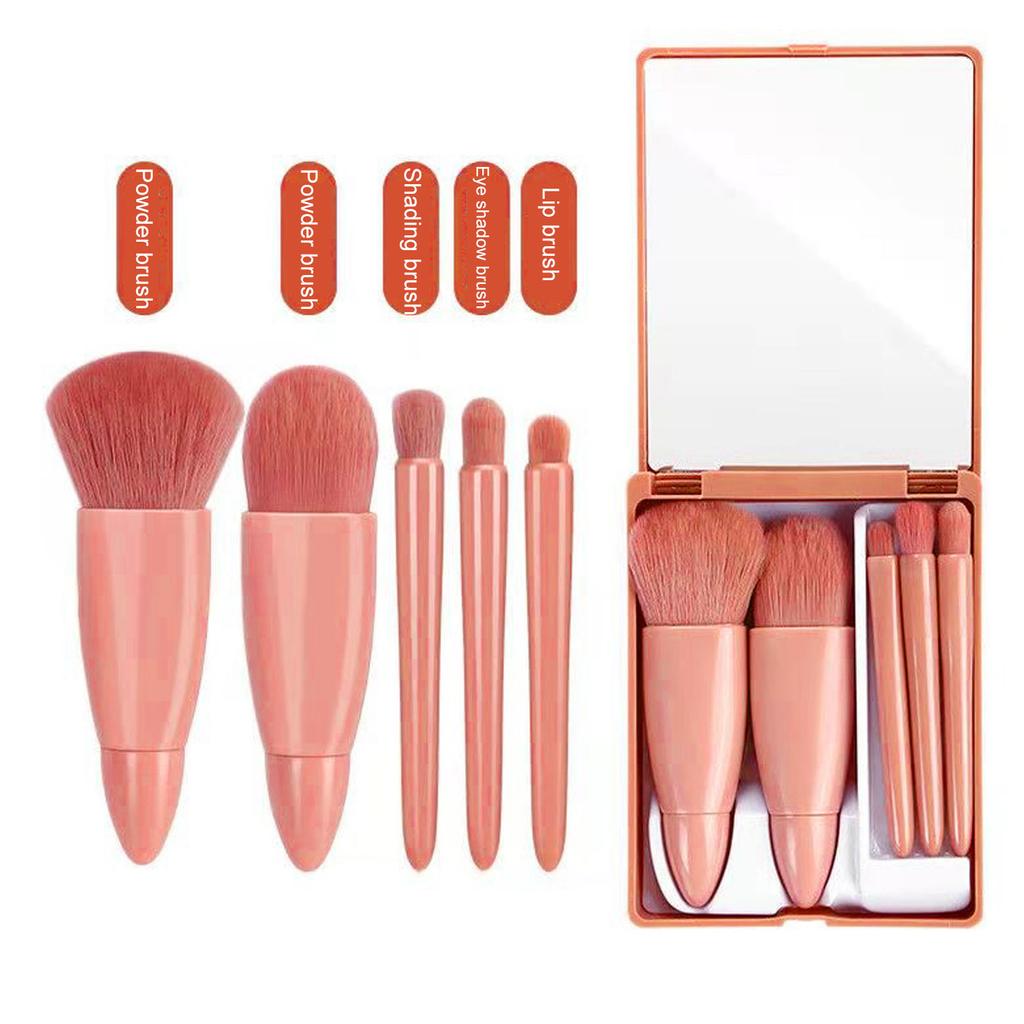 5pcs Makeup Brush Set Eyeshadow Loose Setting Powder Portable Complete Mirror Cosmetic Brushes Kit