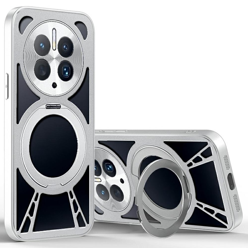 

For Huawei Mate 50 Pro 4G Case Magnetic Kickstand Hollow Heat Dissipation Silicone+PC+Metal Bumper Phone Cover Silver