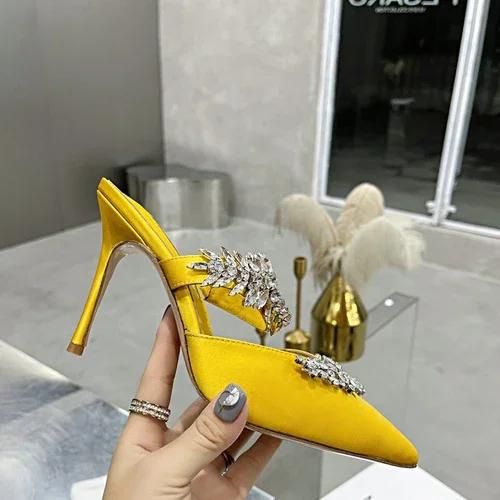 

2024 Новые модные туфли на высоком каблуке-шпильке с острым носком, со стразами, одинарные туфли, атласные свадебные туфли, тапочки 36