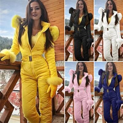 Dames Winter Jumpsuit met Handschoenen Elastische Taille Verdikte Gewatteerde Sneeuwpak Capuchon Rits Winddicht Outdoor Ski Outfit Waterdicht Sneeuwsporten