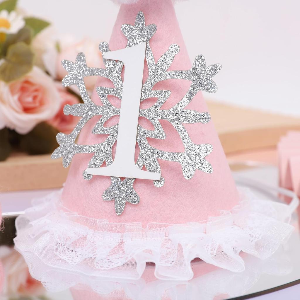 Winter Onederland 1st Birthday Hat - Pink Snowflake First Birthday Cone Hat, Winter Wonderland Party Supplies Decor for Girl, Snowflake Photo Props