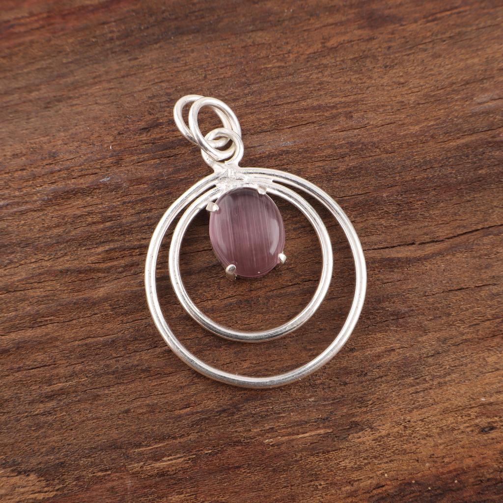 Fioletowy Kamień Kocie Oko Srebro Próby 925 Wisiorek, Ręcznie Robiona Srebrna Biżuteria, Wspaniała Biżuteria z Kamieniem Kocie Oko Na Prezent