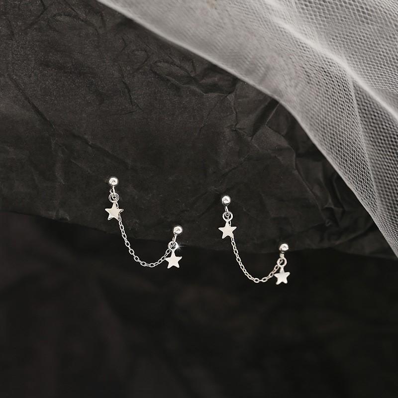 Silver Star Shape Tassel Double Ear Hole Stud Earring for Women Simple Y2K Party Jewelry Gifts