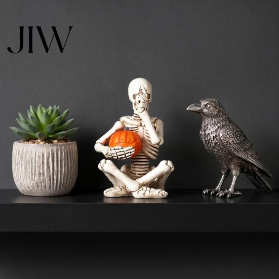 Alternative Home Accessories Vintage Skeleton Holding Pumpkin Statue, Halloween Resin Figurine, Gothic Handcrafted Sculpture Desktop