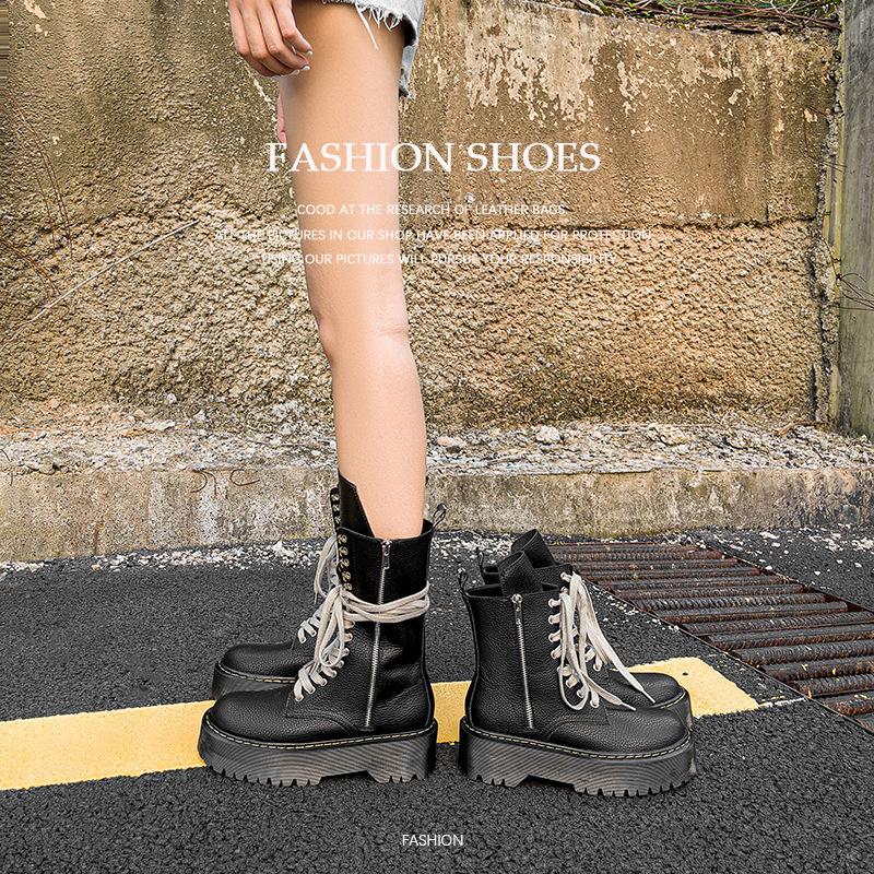 All Cowhide Pu Caiying Same Lychee Pattern Lace-Up Martin Boots Women'S Thick-Soled Medium Tube Handsome Knight Boots Heightening Short Boots