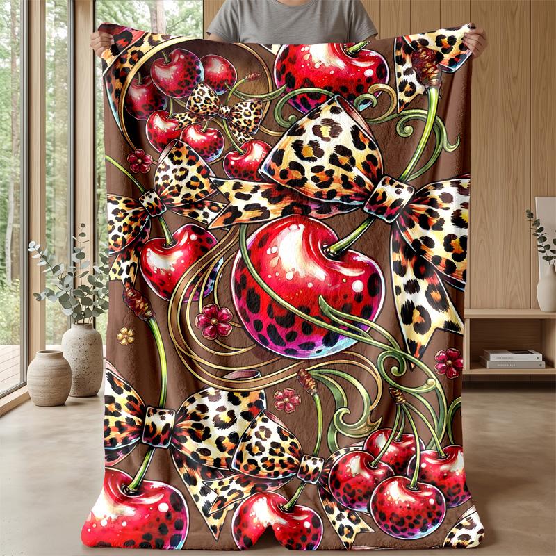 Cherries and Leopard Butterflies Blanket Personalized Name Flannel Blanket Soft Cozy Plush Throw for Sofa Bed Lightweight Home Decor
