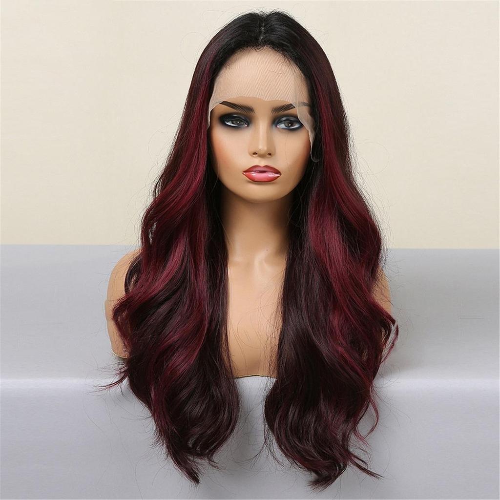 Damen 62 cm Haar weinrot langes lockiges Haar T-förmige vordere Spitze Rosen-Haarnetz Kopfbedeckung volle Kopfbedeckung reine handgewebte Carney-Kanekalon-Perücke