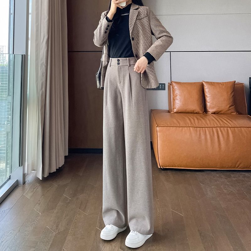 Woolen Wide-leg Pants Autumn and Winter High-waisted Casual Straight Pants Narrow Wide-leg Thickened Suit Trousers