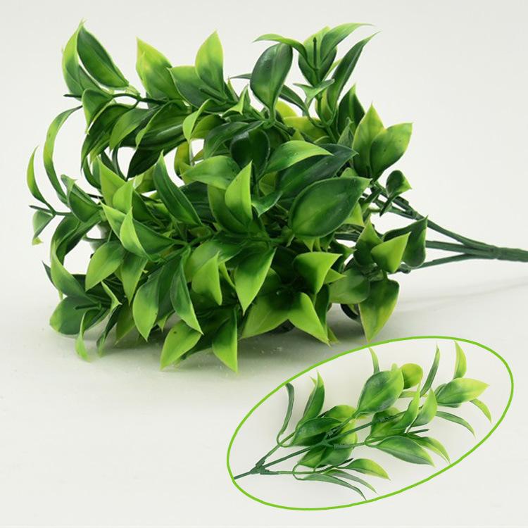 7 Zweige, grüne Kunstpflanzen für Gartenbüsche, Kunstgras, Eukalyptus, orangefarbene Blätter, Kunstpflanze für Heim- und Ladendekoration