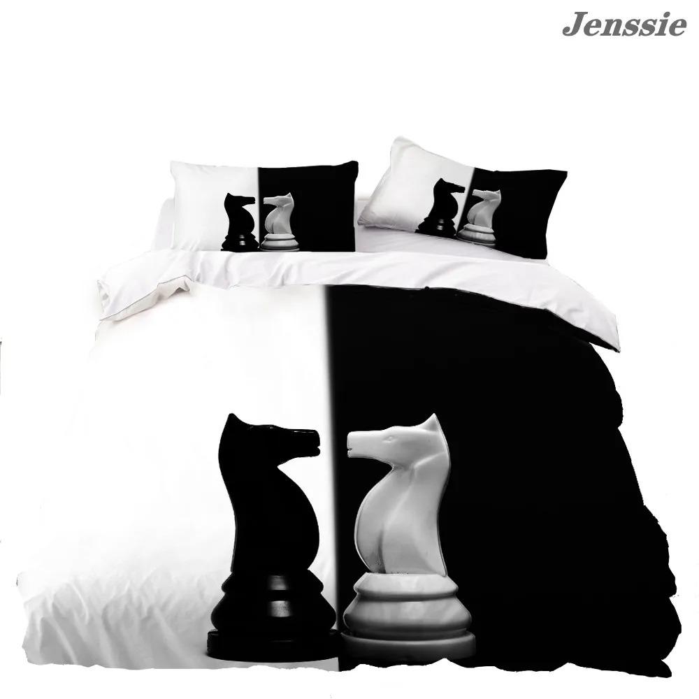 Schwarz Weiß Schachbrett 3D Gedrucktes Bettwäscheset Schach Steppdecke Bezug Erwachsener Bettbezug Luxus Steppdeckenbezug mit Kissenbezug