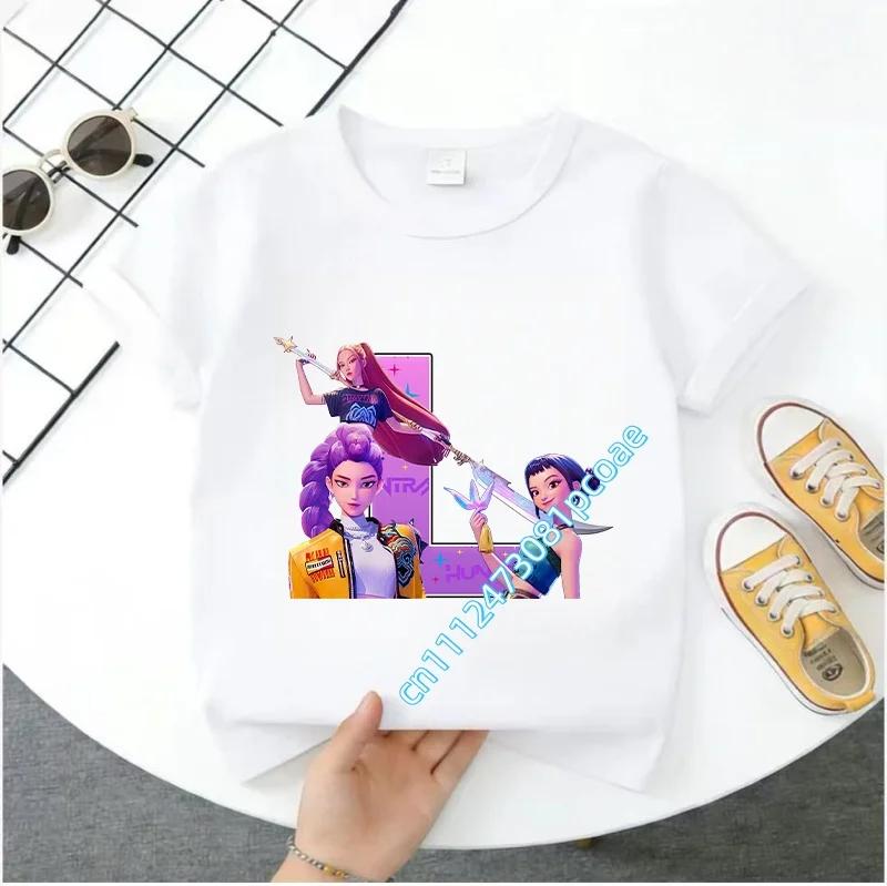 K Pop Demon Huntersd Children's Short-Sleeved Girls' Casual Shirt - Summer Pure Polyester T-Shirt with Letter A-Z Cartoon Print