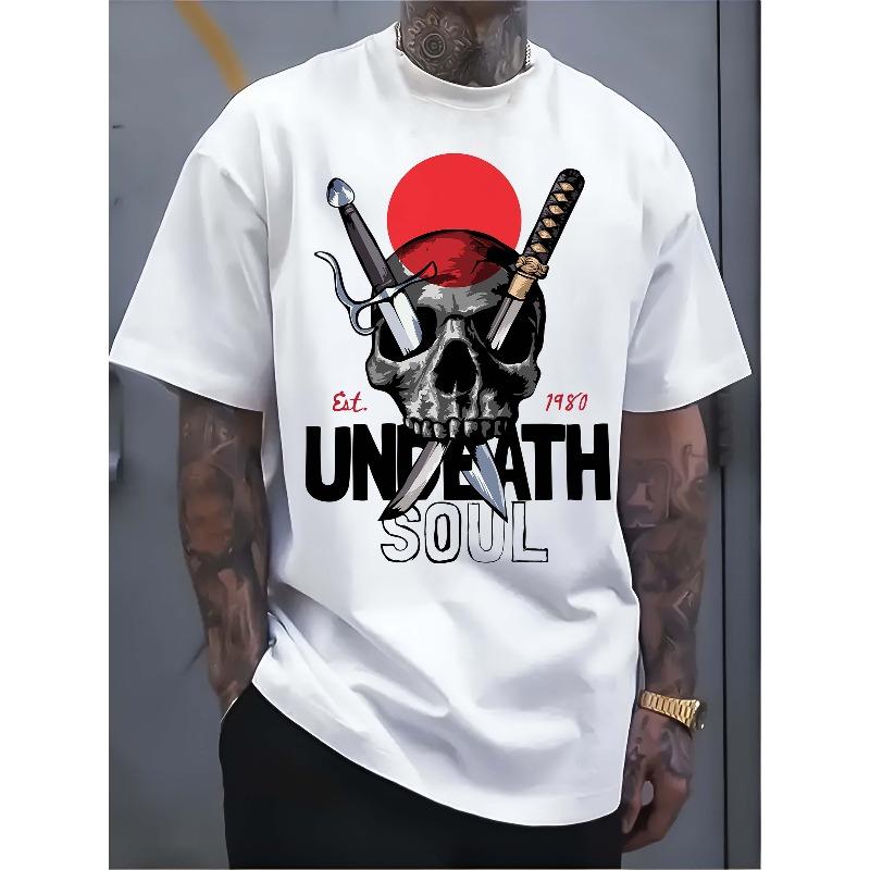 

European Size Men s Pure - Polyester White T - shirt: Samurai Skull Fusion Tee - Bold Elegance 4XL
