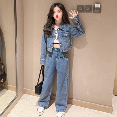 Spring Autumn Children 2pcs Suit Girl Denim Cardigan Jacket Tops and Denim Wide-leg Pants Teenager Girl 2-Piece Sets