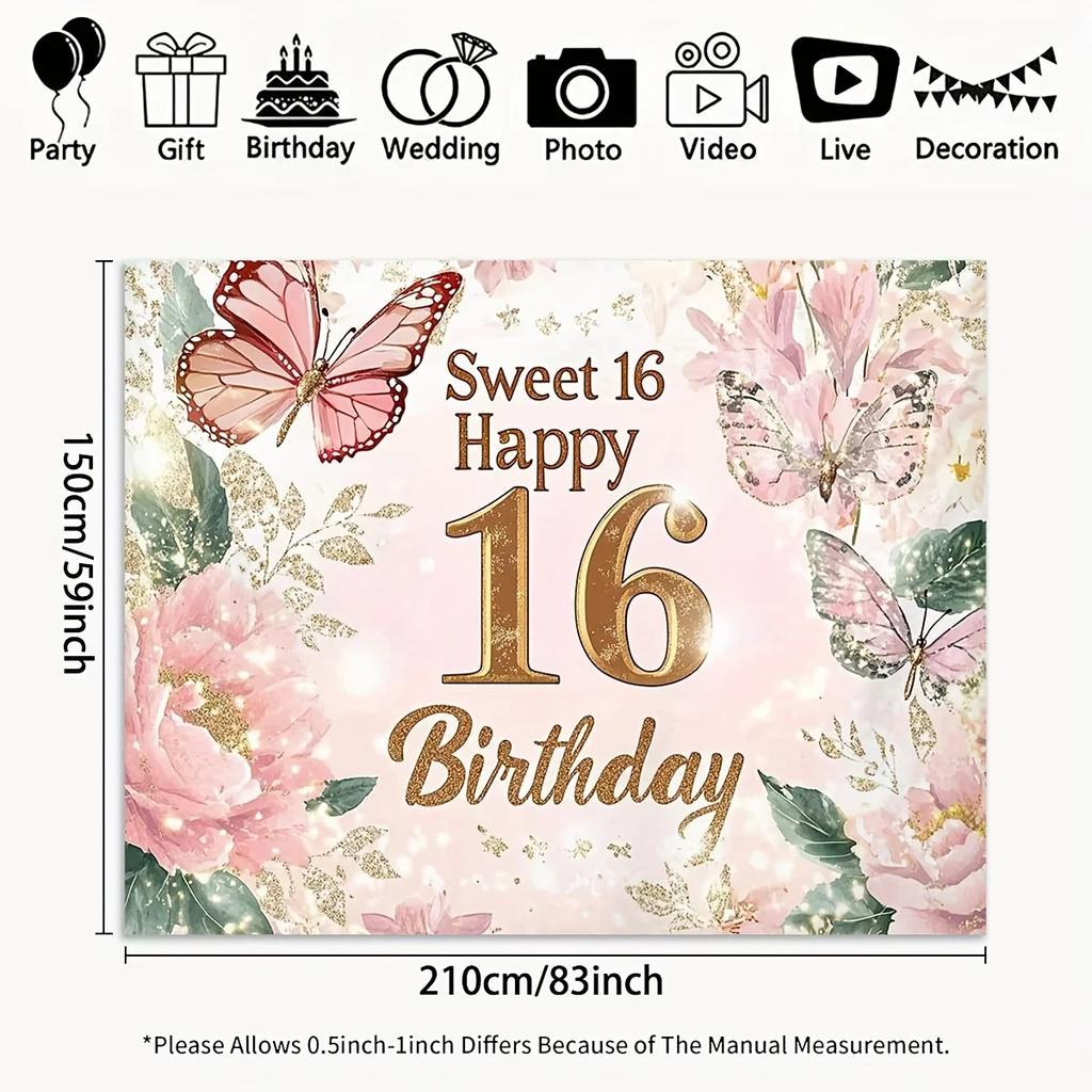 One Piece of 2D Flat Photography Background Banner - Sweet 16th Birthday Flower Theme Background Clothdjh