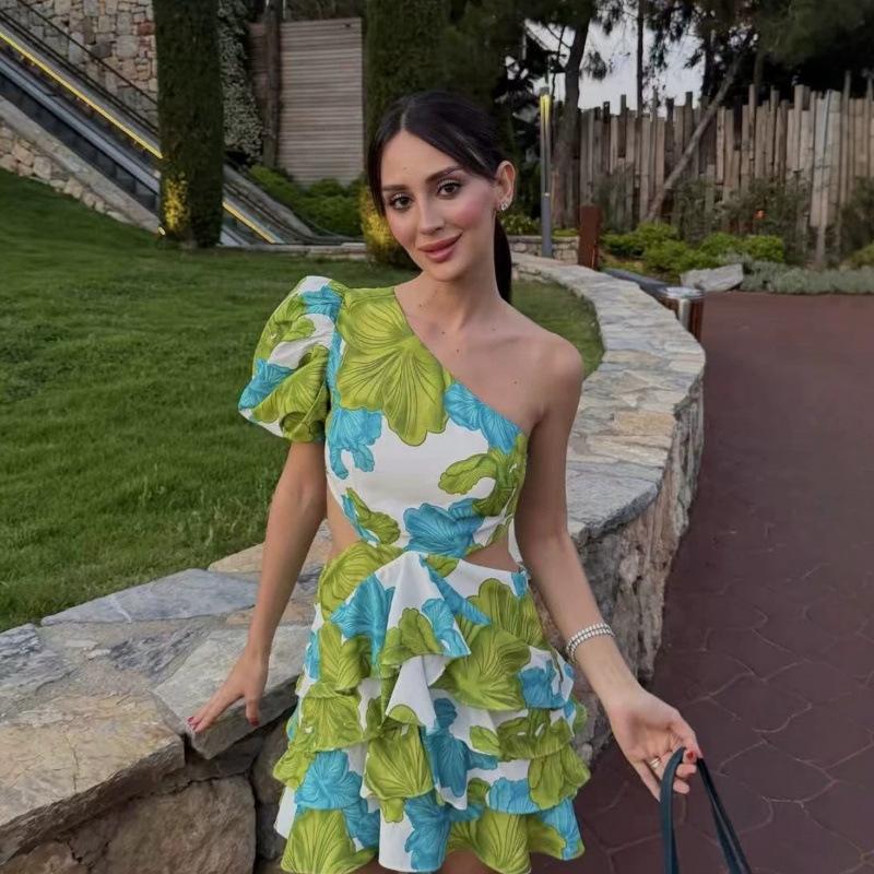 European and American summer new one-shoulder flower print waist slimming fashion dress
