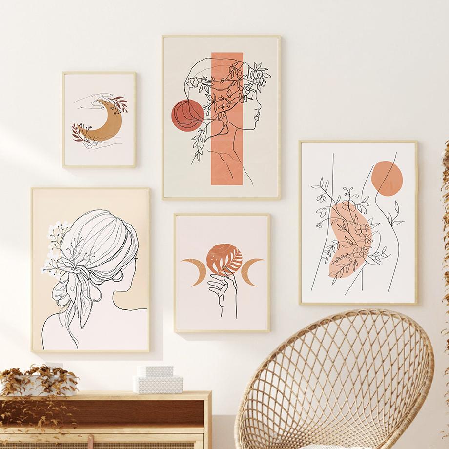 

Poster Wall Picture Bedroom Living Room Decoration Wall Art Canvas Painting Sun Moon Flower Line Girl Face Abstract