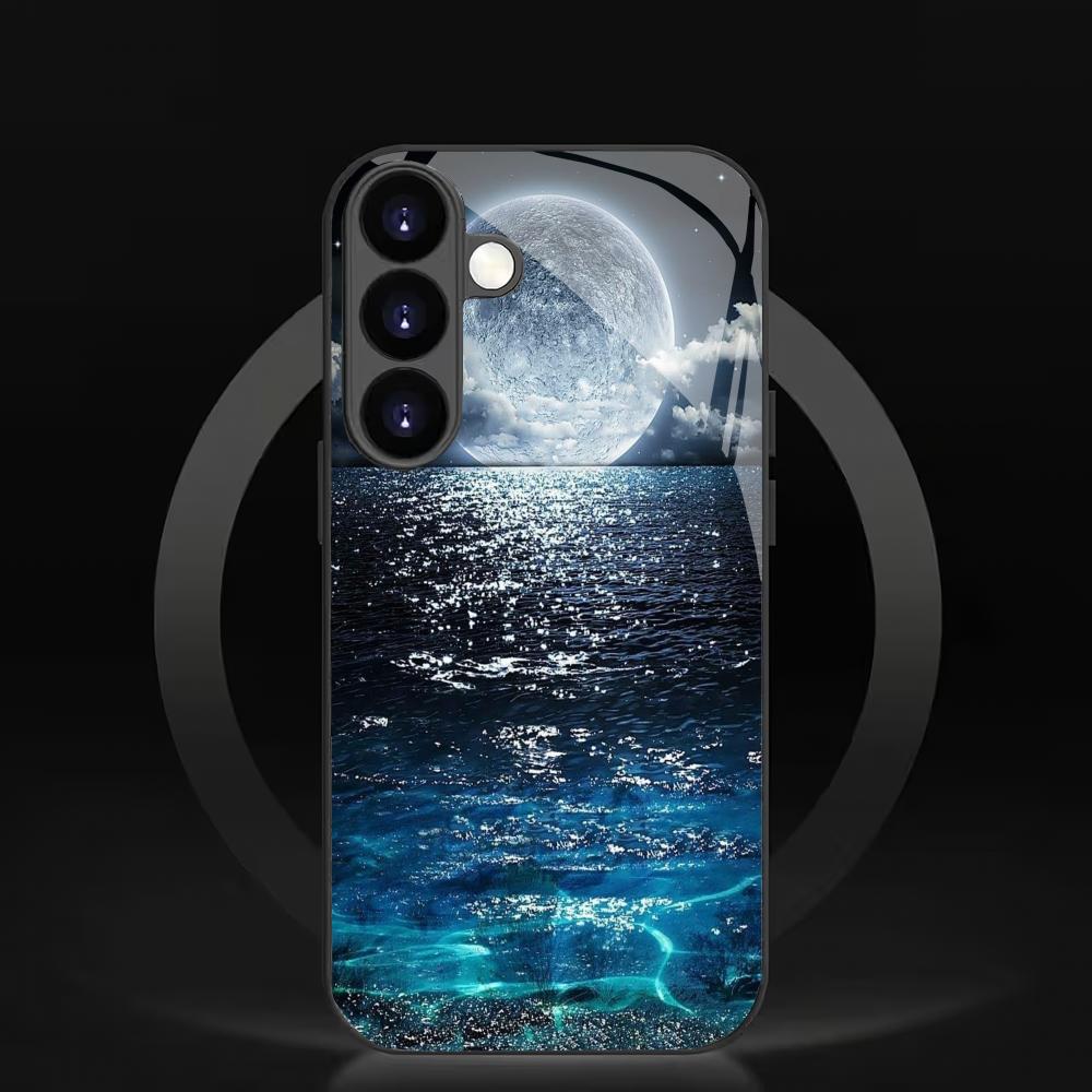 Moon Night Deep Sea Tempered Glass Phone Case Suitable for Samsung Galaxy S26 S25 S24 S22 S21 S20 FE/Ultra/Plus Anti Drop