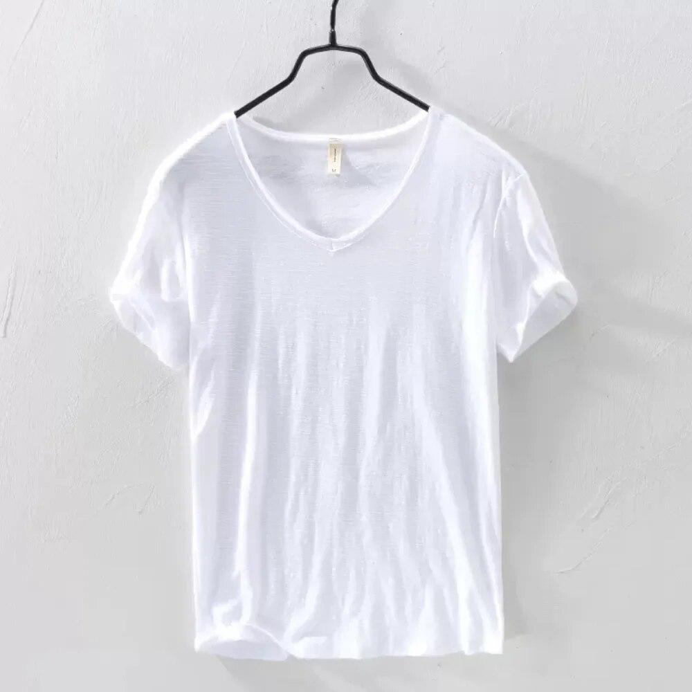 New Slim Fit Slub Cotton Pure Color V Collar Short Sleeved Tops Tees Men T-Shirt Multi-color Man T-Shirts Fitness