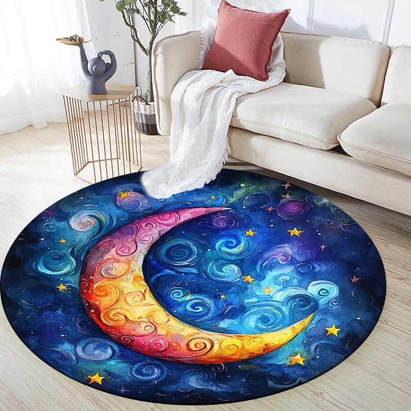 Crescent Moon Round Area Rug,Carpet Rug for Living Room Bedroom Sofa Playroom Decor,Non-slip Floor Mat