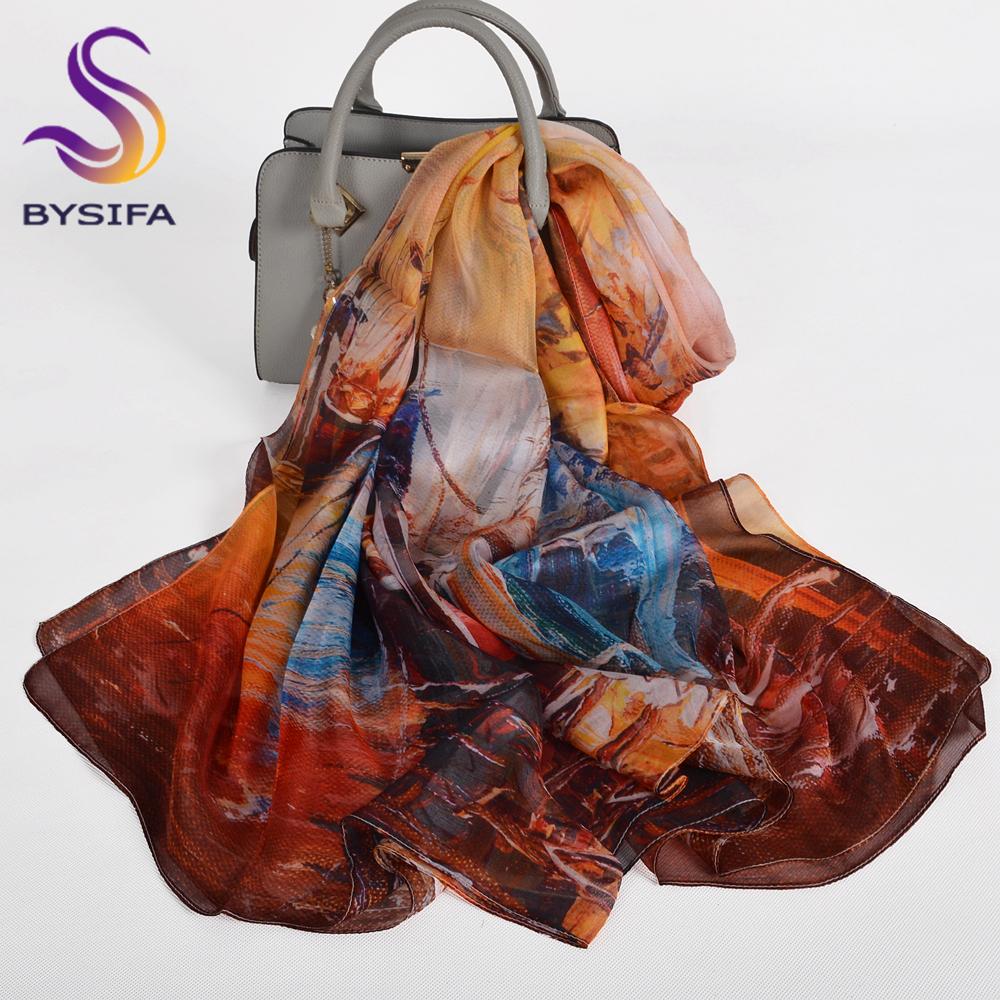 [BYSIFA] Blue Green 100% Mulberry Silk Scarf Wrap Winter Flower Design Chiffon Long Scarves Shawls Ladies Beach Shawl Echarpes