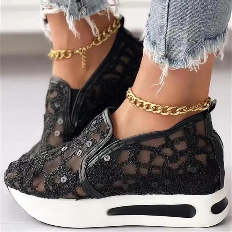 Fashion Lace Flats Platform Women Sport Shoes Mesh Breathable Sneakers 2025 Summer New Casual Sandals Running Beach Rocking Dance Shoes