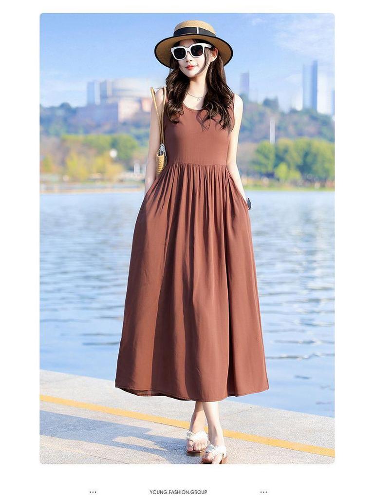 New Women's Summer Sleeveless French Silk-Cotton Beach Dress