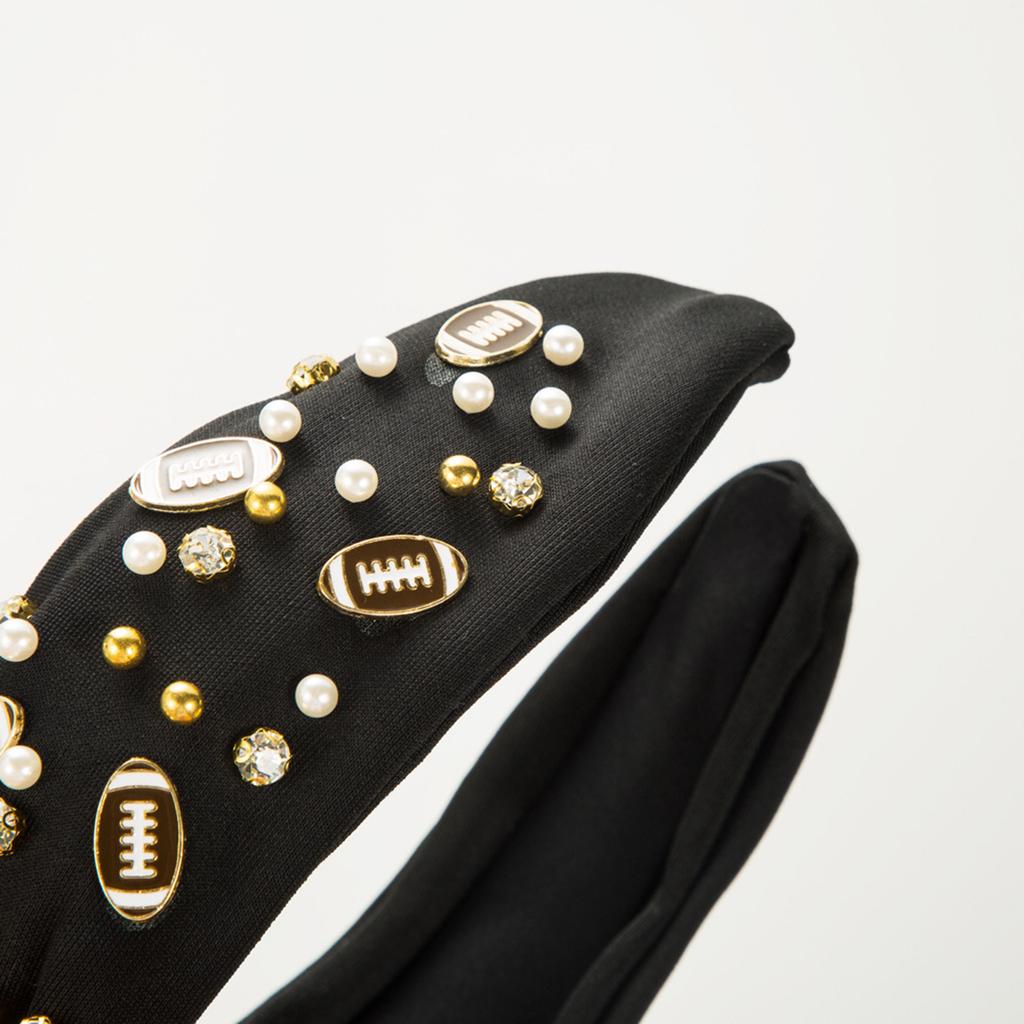 Women Fun Sports Football Embellished Headband Pearl Rhinestones Jeweled Headband Wide Top Knotted Hairband Headpiece