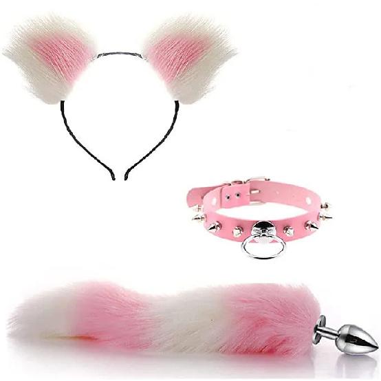 Anal Sex Toys Fox Tail Butt Plug Sexy Plush Cat Ear Headband with  Leather Necklace Set Massage Sex Toys Women Couples Cosplay