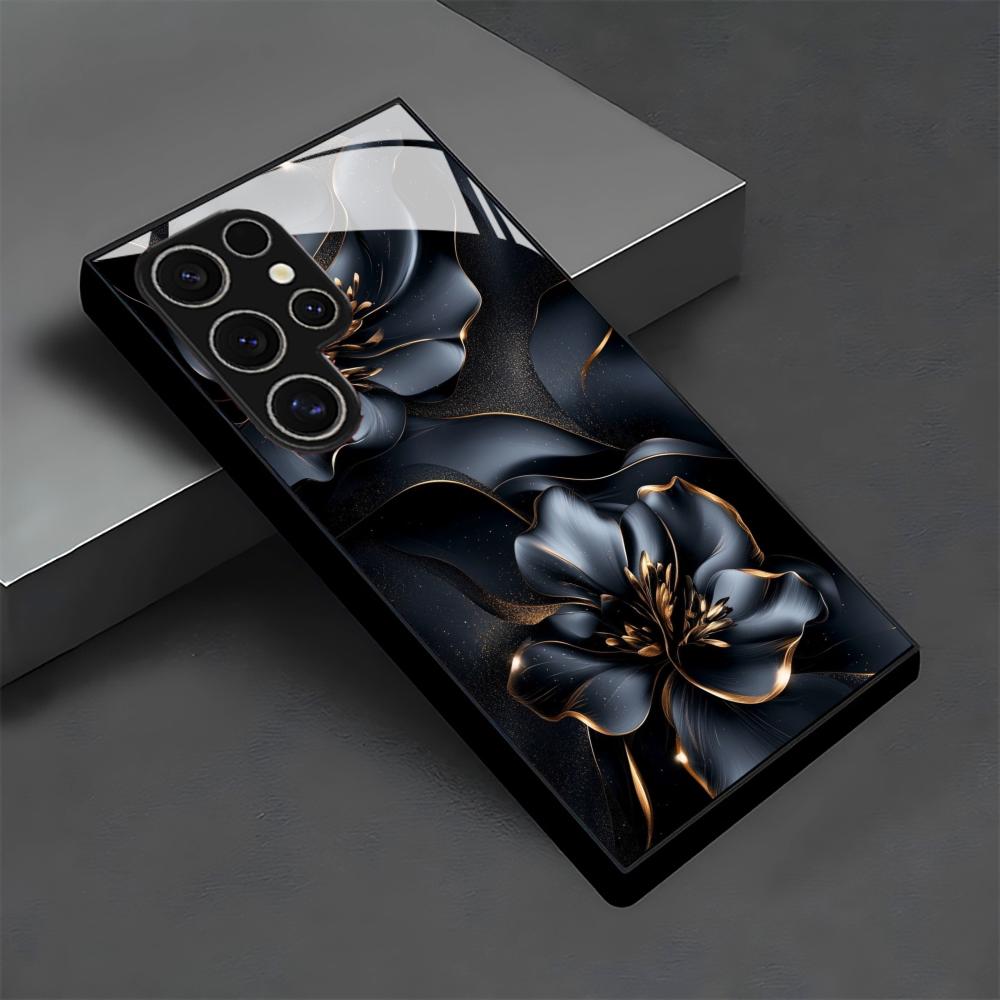 Schwarze Blumen Handyhülle Glas-Handyhülle für Samsung Galaxy S26 22 23 24 25 PLUS S21 22 23 24 25 ULTRA