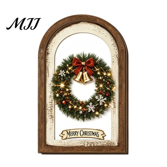Farmhouse Christmas Tree Decorations Vintage Arched Wooden Wall Art, Double Layer Wood Framed Sign, Bedroom Winter Ornaments Xmas Print Hanging Decor