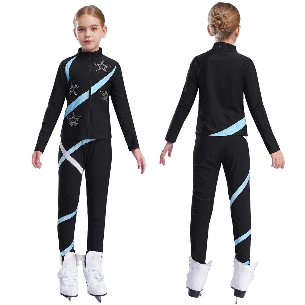 Girls Sparkle Star Long Sleeve Zipper Top with Colorblock Leggings for Figure Skating Gymnastics Dance Training