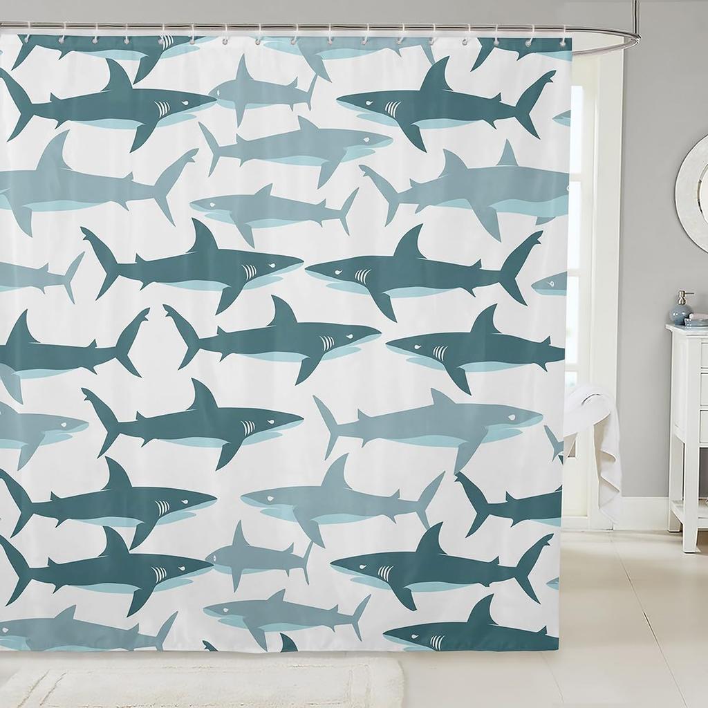 Cartoon Funny Animal Bath Curtain Brave Cat Riding Shark Shower Curtain Kids Boys Girls Ocean Wave Japanese Style Decor Whale