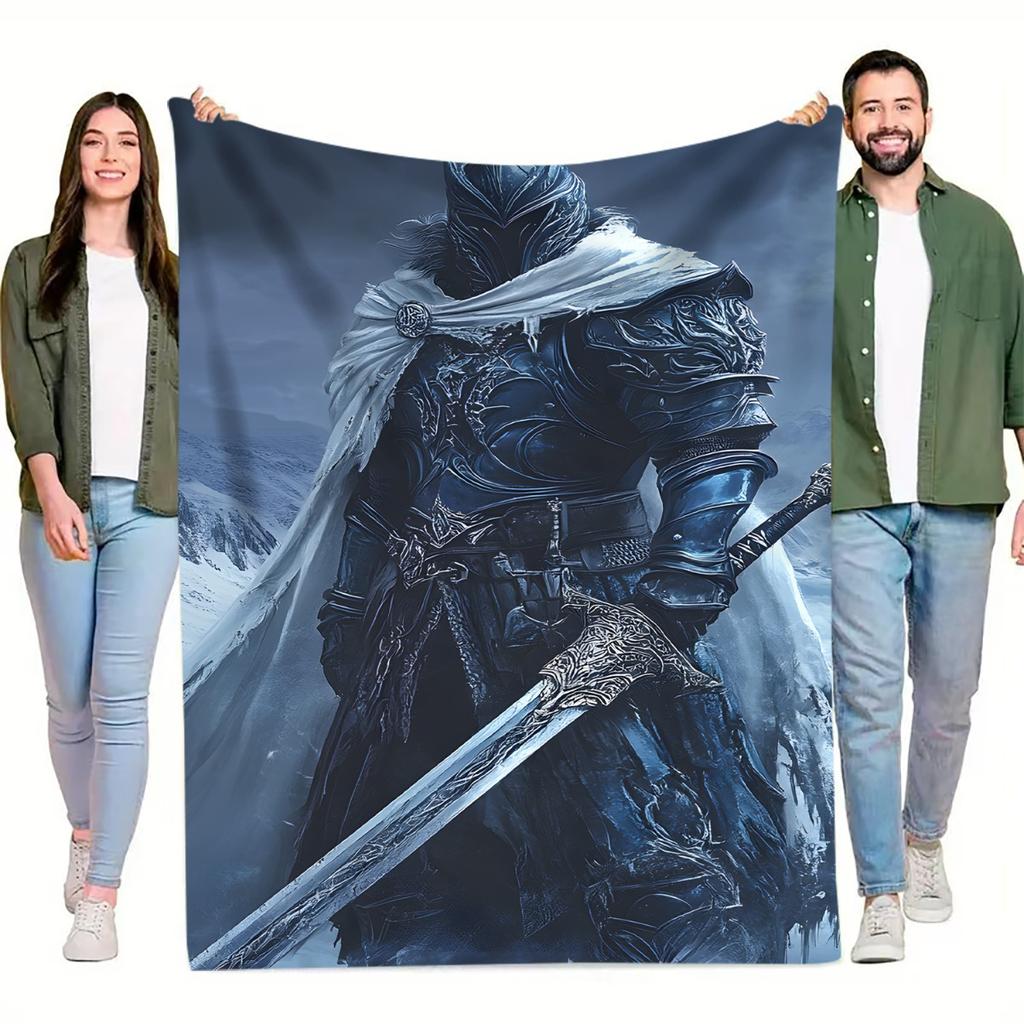 1pc Ice Knight Digital Printed Design Pattern Blanket - All-Season Soft Flannel Throw with 3D Armor & Sword Art Design, Mixed