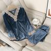 Velvet Pajamas Set Female Long Sleeve Trouser Pijamas Suit Autumn Winter Velour Sleepwear Loose Lace Trim Home Wear Loungewear