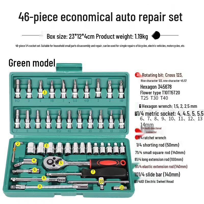 46-Piece Socket Wrench and Auto Maintenance Tool Set for Cars and Motorcycles
