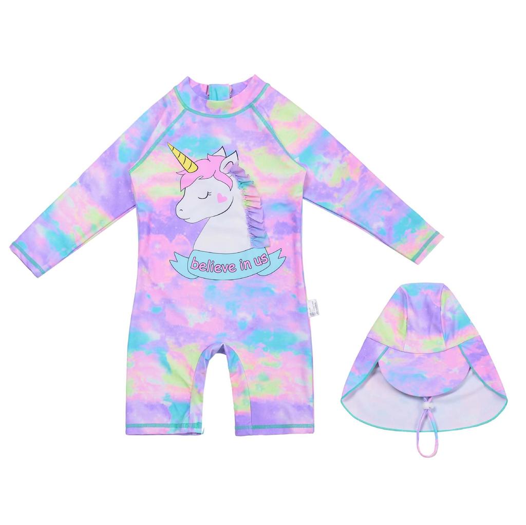 Girls' Unicorn Long-Sleeve Swimsuit with Swim Cap - Sun Protection Surf Suit