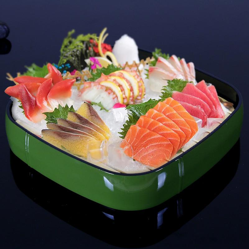 Japanese Sushi Bucket Sashimi Raw Fish Seafood Dish Sushi Cuisine Fruit Dish Food Chrysanthemum Round Tray Salmon Ice Plate