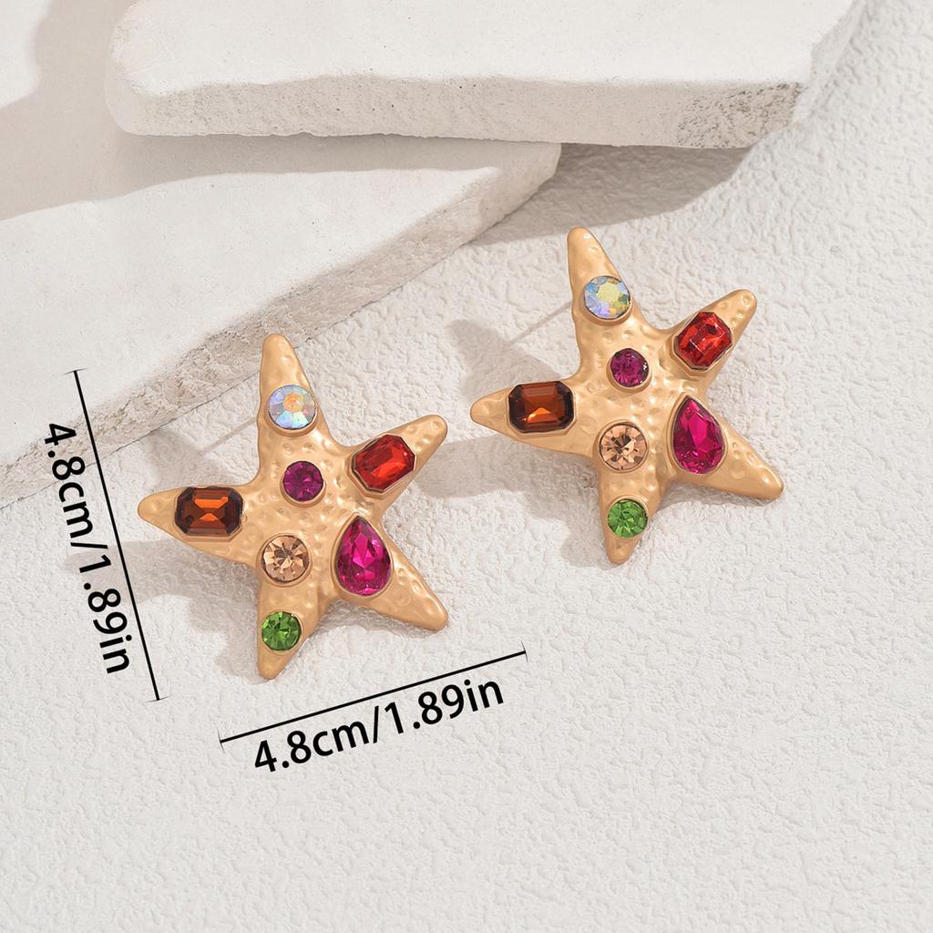 Women Boho Gold Starfish Colorful Zircon Ear Stud Earring
