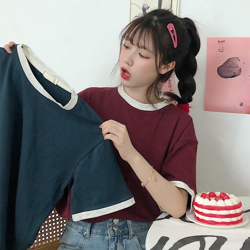 

Свободные повседневные однотонные футболки Harajuku, модные винтажные летние 2024, контрастная футболка с короткими рукавами, женские универсальные желтые топы y2k, уличная одежда