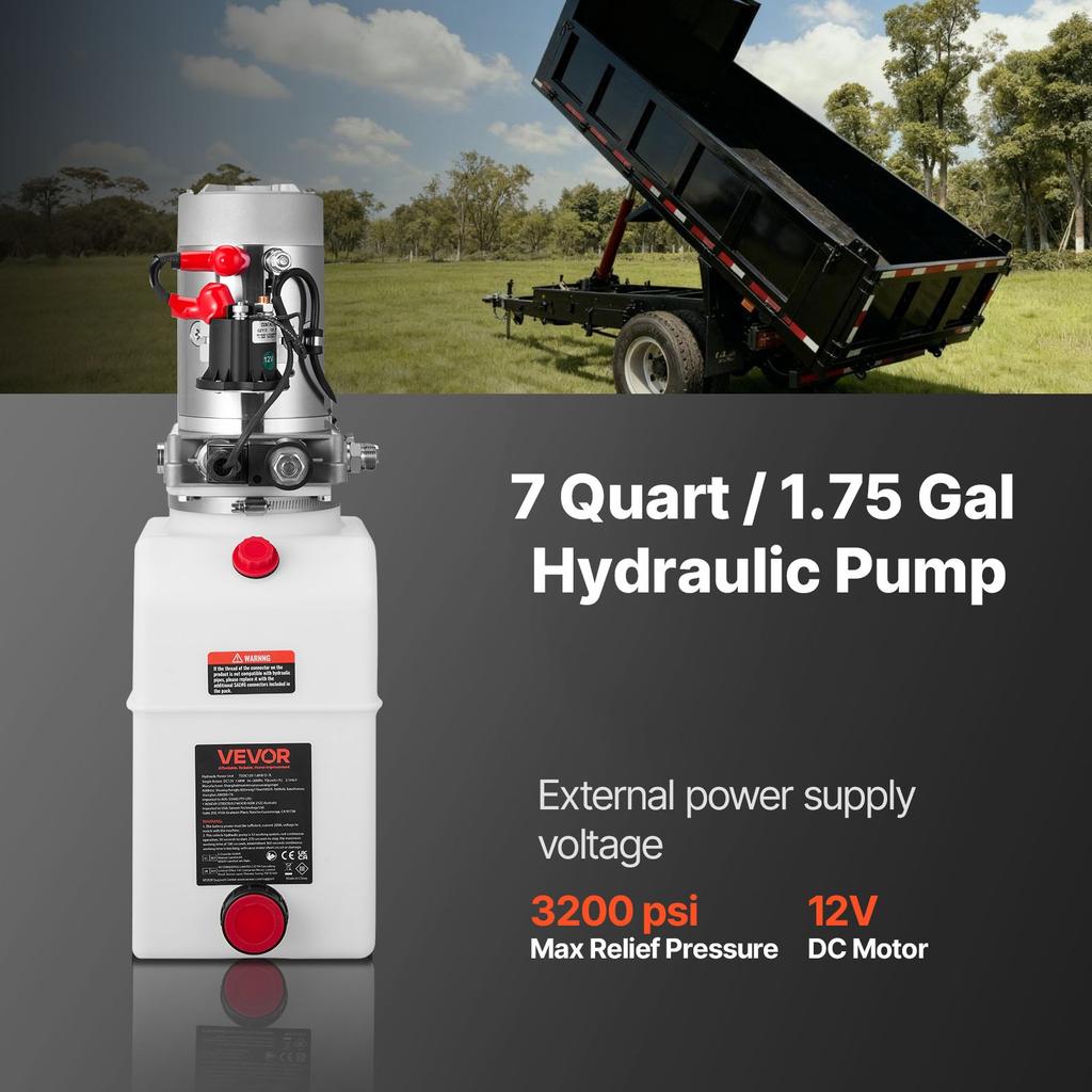 VEVOR 7 L Hydraulic Power Unit, Single Acting Dump Trailer Pump, 22 MPa Max Relief Pressure & 3.4 L/min Flow Rate