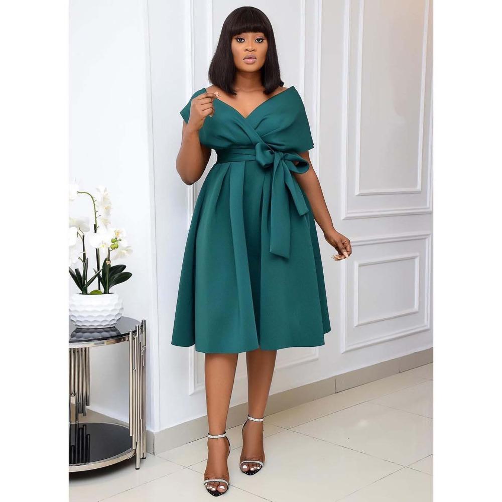 Women's V Neck Short Sleeve Off Shoulder Midi Dress A Line High Waist Elegant Solid Color Cocktail Party Dress Formal Evening Dress