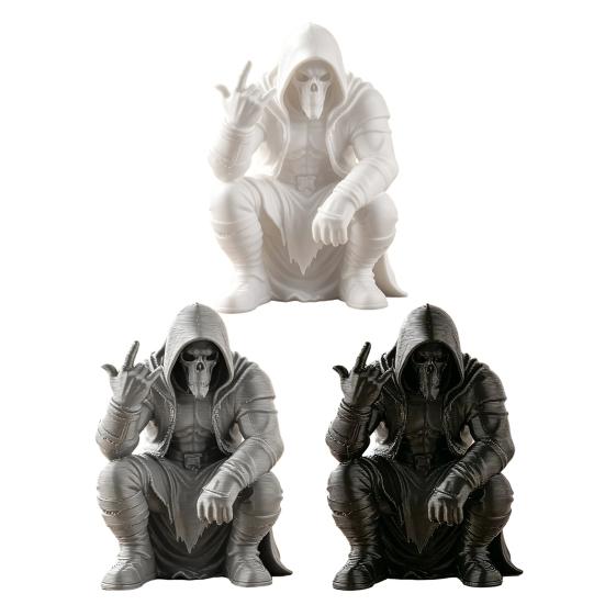 3D Printed Mini Hooded Skull Figurine, Dark Style Desktop Ornament, Cool Rock Gesture Skeleton Decor for Study Room E-Sports Room
